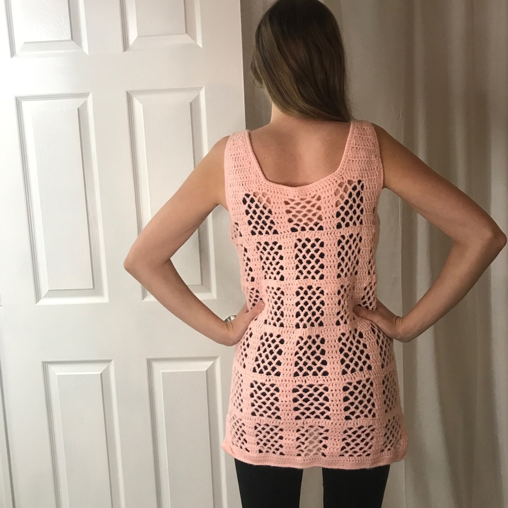 Vintage Pink Crocheted Sweater, Sweater Vest, Mini Dress, Grannycore Cottagecore - Picture 5 of 13